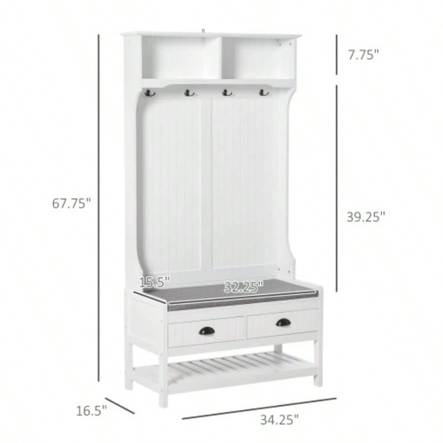HOMCOM 3 - in - 1 Hall Tree, Entryway with Coat Rack, Mudroom with Shoe Rack, 2 Storage Drawers, 4 Hooks and Padded Cushions Hallway, White