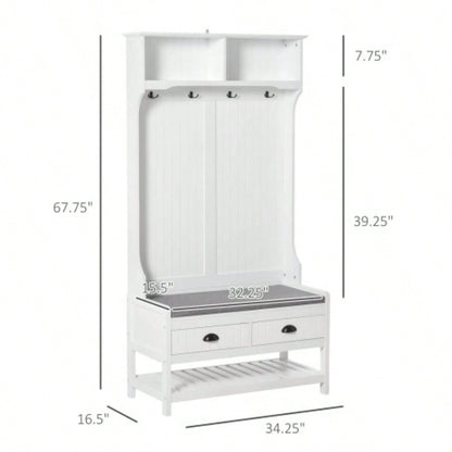 HOMCOM 3 - in - 1 Hall Tree, Entryway with Coat Rack, Mudroom with Shoe Rack, 2 Storage Drawers, 4 Hooks and Padded Cushions Hallway, White