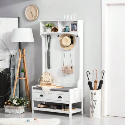 HOMCOM 3 - in - 1 Hall Tree, Entryway with Coat Rack, Mudroom with Shoe Rack, 2 Storage Drawers, 4 Hooks and Padded Cushions Hallway, White