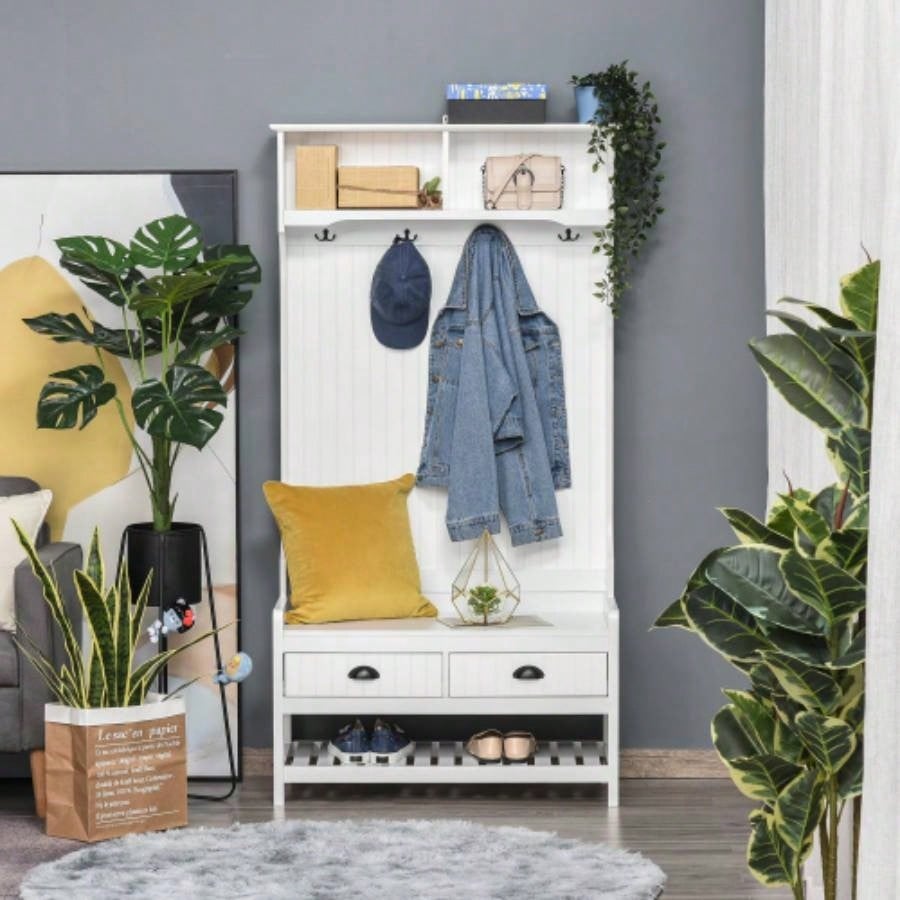 HOMCOM 3 - in - 1 Hall Tree, Entryway with Coat Rack, Mudroom with Shoe Rack, 2 Storage Drawers, 4 Hooks and Padded Cushions Hallway, White