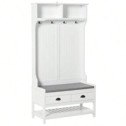 HOMCOM 3 - in - 1 Hall Tree, Entryway with Coat Rack, Mudroom with Shoe Rack, 2 Storage Drawers, 4 Hooks and Padded Cushions Hallway, White