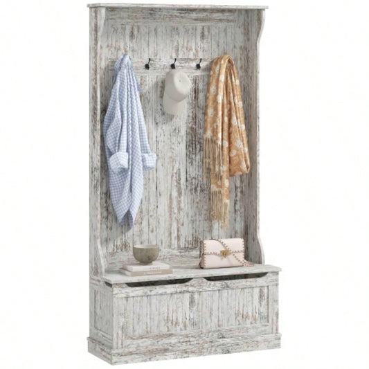HOMCOM 3 - In - 1 Entryway Hall Tree with Storage, Coat Rack with Five Hooks and Shoe Storage, Distressed White