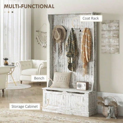 HOMCOM 3 - In - 1 Entryway Hall Tree with Storage, Coat Rack with Five Hooks and Shoe Storage, Distressed White