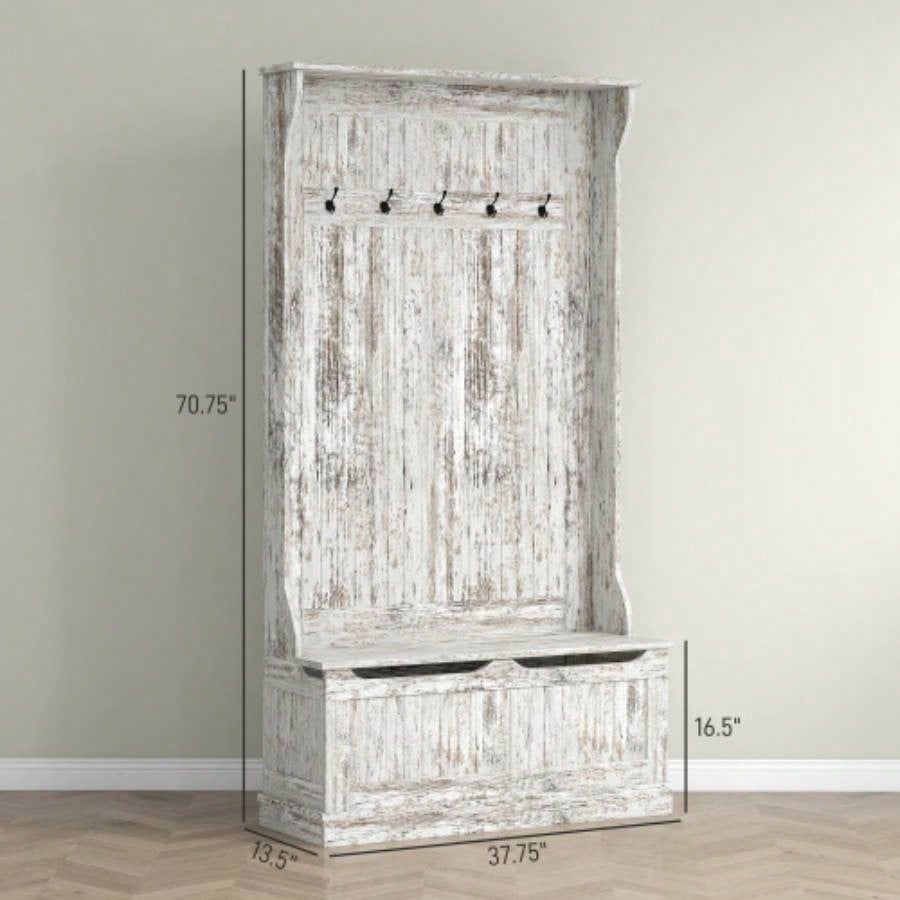 HOMCOM 3 - In - 1 Entryway Hall Tree with Storage, Coat Rack with Five Hooks and Shoe Storage, Distressed White