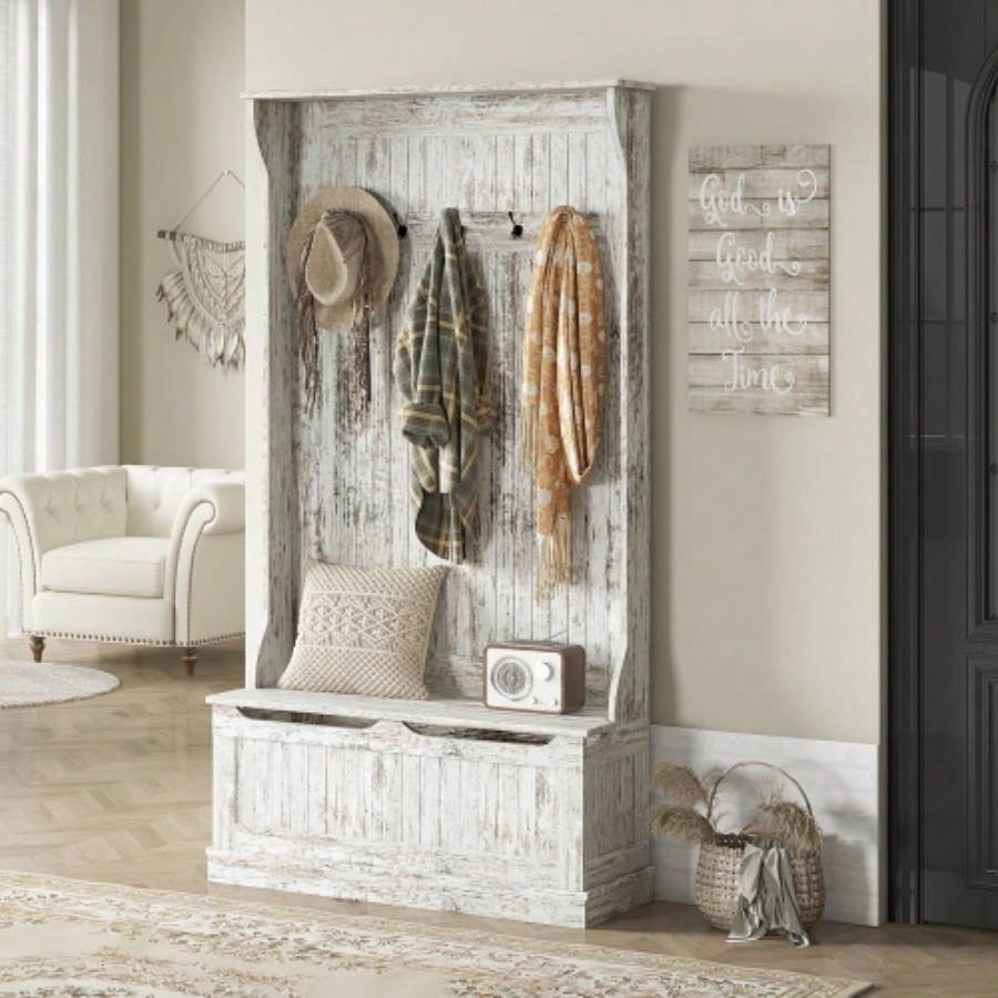 HOMCOM 3 - In - 1 Entryway Hall Tree with Storage, Coat Rack with Five Hooks and Shoe Storage, Distressed White