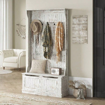HOMCOM 3 - In - 1 Entryway Hall Tree with Storage, Coat Rack with Five Hooks and Shoe Storage, Distressed White