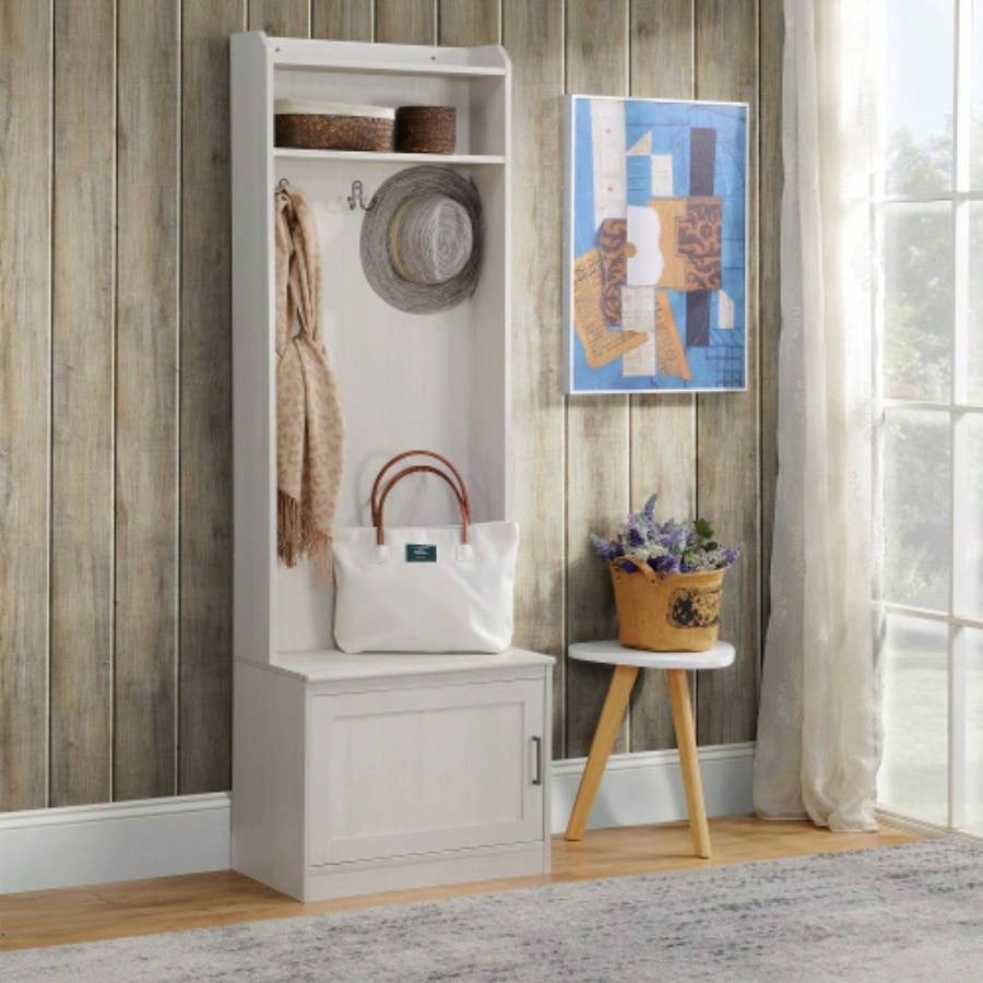 HOMCOM Rustic Hall Tree with Shoe Storage, Entryway with Coat Rack, Accent Coat Tree with Storage Shelves Hallway, Mudroom, White Wood Grain