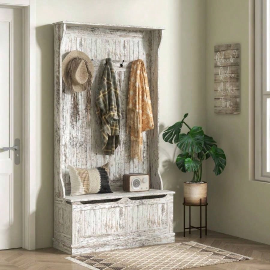 HOMCOM 3 - In - 1 Entryway Hall Tree with Storage, Coat Rack with Five Hooks and Shoe Storage, Distressed White