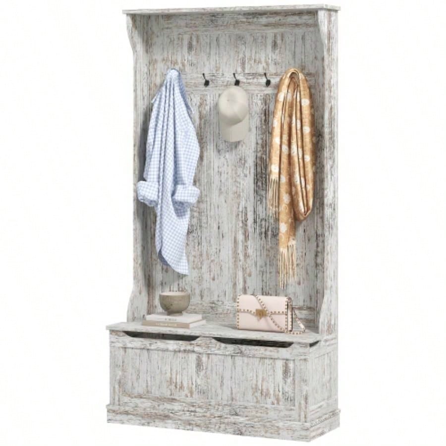 HOMCOM 3 - In - 1 Entryway Hall Tree with Storage, Coat Rack with Five Hooks and Shoe Storage, Distressed White