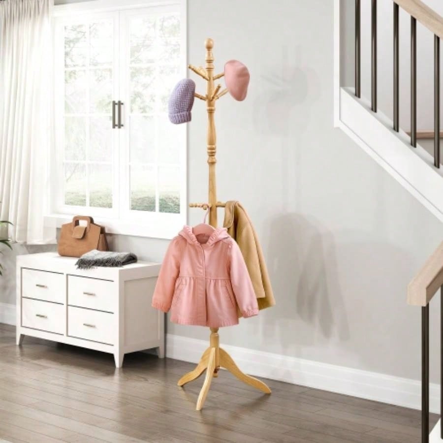 Natural Classic Coat Rack Solid Wood, 10 Hooks Coat Hanger Stand Entryway Home Furniture 1pc