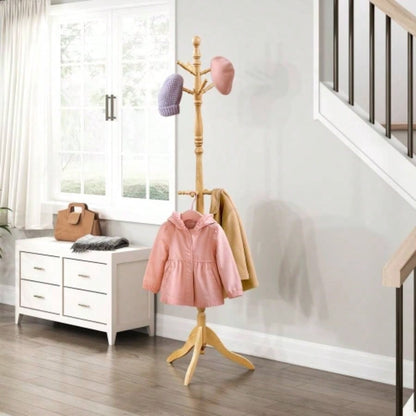 Natural Classic Coat Rack Solid Wood, 10 Hooks Coat Hanger Stand Entryway Home Furniture 1pc