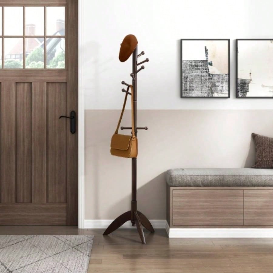 Dark Brown Coat Rack Solid Wood, 11 Hooks Coat Hanger Stand Entryway Home Furniture 1pc