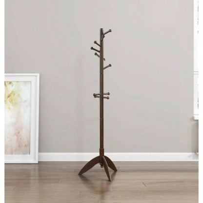 Dark Brown Coat Rack Solid Wood, 11 Hooks Coat Hanger Stand Entryway Home Furniture 1pc