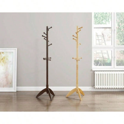 Dark Brown Coat Rack Solid Wood, 11 Hooks Coat Hanger Stand Entryway Home Furniture 1pc