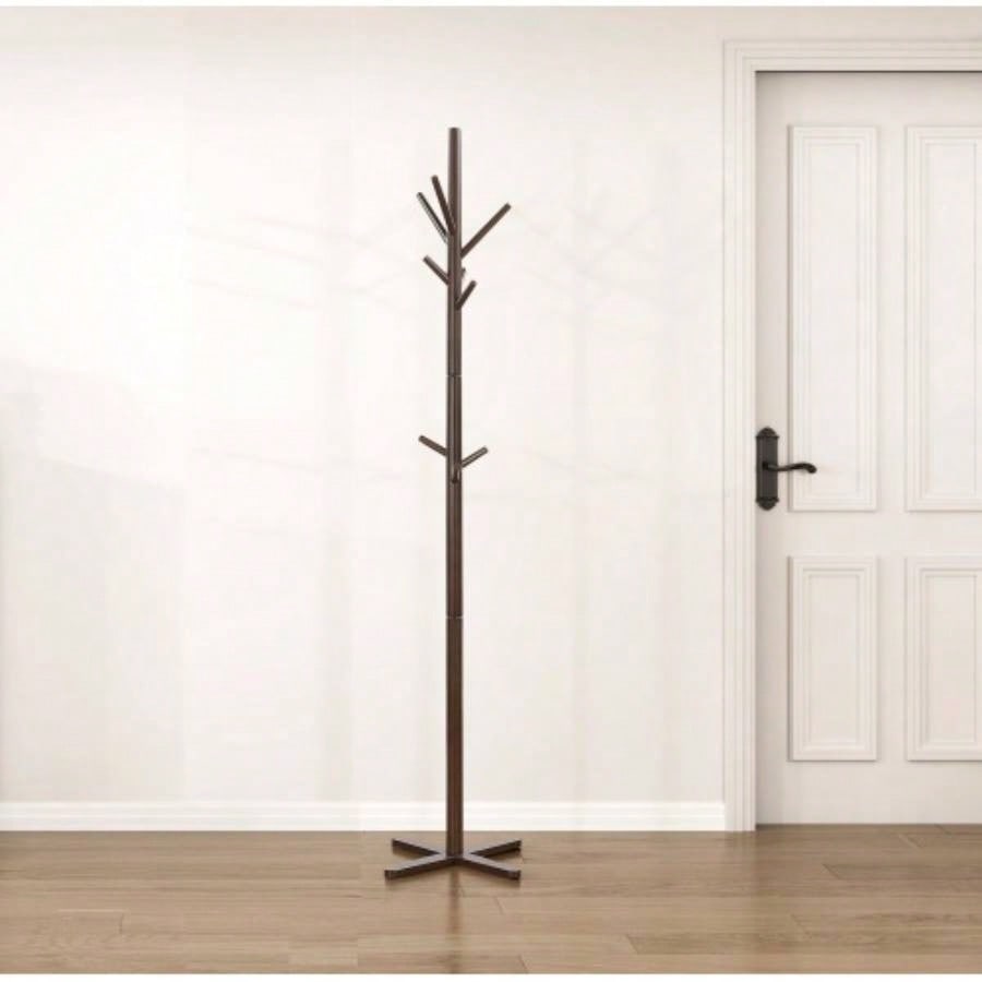 Dark Brown Coat Rack Solid Wood, 11 Hooks Coat Hanger Stand Entryway Home Furniture 1pc