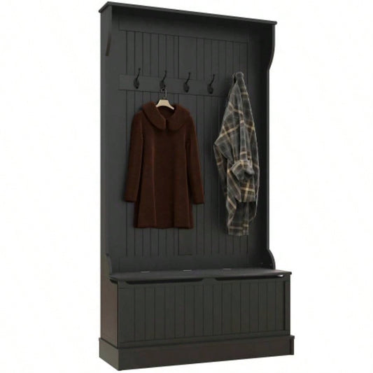 HOMCOM 3 - In - 1 Entryway Hall Tree with Storage, Coat Rack with Four Hooks and Shoe Storage, Black