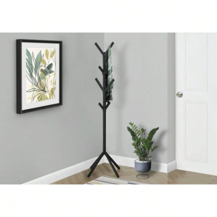 Coat Rack, Hall Tree, Standing, 8 Hooks, Entryway, 70h, Bedroom, Black Metal, Contemporary, Modern