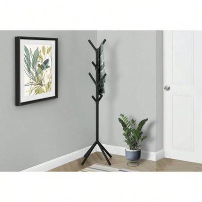 Coat Rack, Hall Tree, Standing, 8 Hooks, Entryway, 70h, Bedroom, Black Metal, Contemporary, Modern