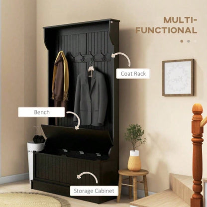 HOMCOM 3 - In - 1 Entryway Hall Tree with Storage, Coat Rack with Four Hooks and Shoe Storage, Black