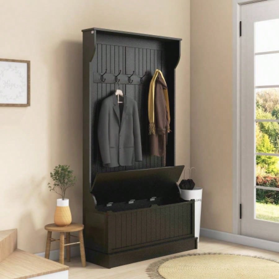 HOMCOM 3 - In - 1 Entryway Hall Tree with Storage, Coat Rack with Four Hooks and Shoe Storage, Black
