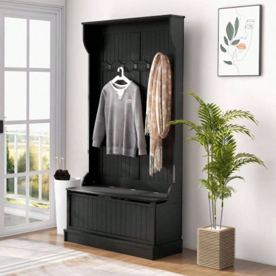 HOMCOM 3 - In - 1 Entryway Hall Tree with Storage, Coat Rack with Four Hooks and Shoe Storage, Black