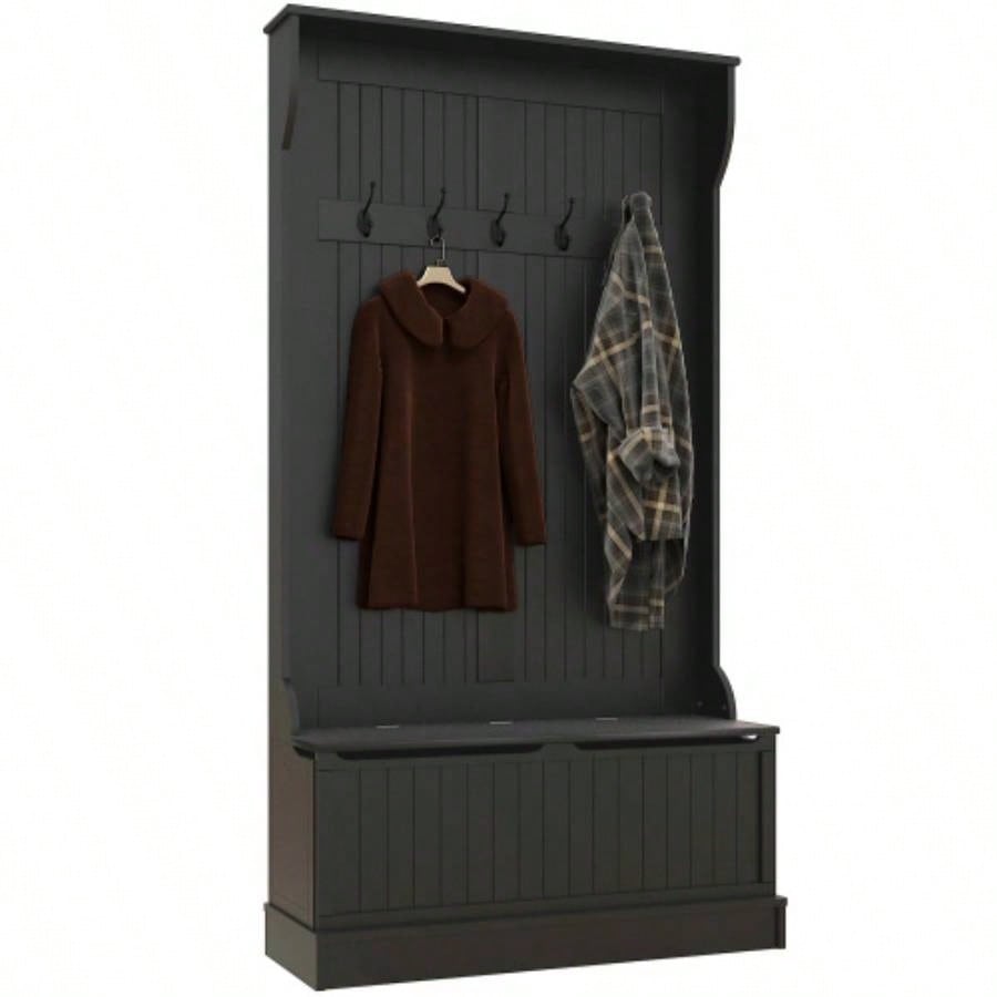 HOMCOM 3 - In - 1 Entryway Hall Tree with Storage, Coat Rack with Four Hooks and Shoe Storage, Black