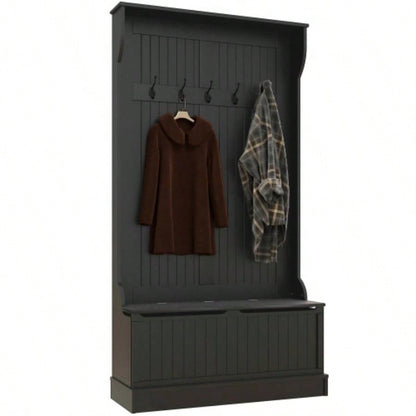 HOMCOM 3 - In - 1 Entryway Hall Tree with Storage, Coat Rack with Four Hooks and Shoe Storage, Black