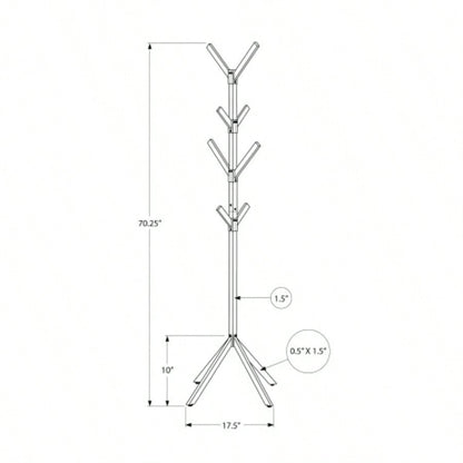 Coat Rack, Hall Tree, Standing, 8 Hooks, Entryway, 70h, Bedroom, Metal, Contemporary, Modern