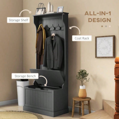 HOMCOM 28 3 - In - 1 Entryway Hall Tree with Storage, Coat Rack with Four Hooks and Shoe Storage, Black