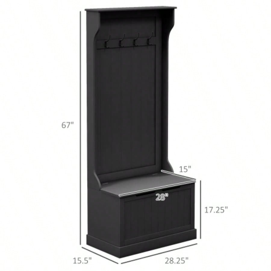 HOMCOM 28 3 - In - 1 Entryway Hall Tree with Storage, Coat Rack with Four Hooks and Shoe Storage, Black