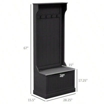 HOMCOM 28 3 - In - 1 Entryway Hall Tree with Storage, Coat Rack with Four Hooks and Shoe Storage, Black