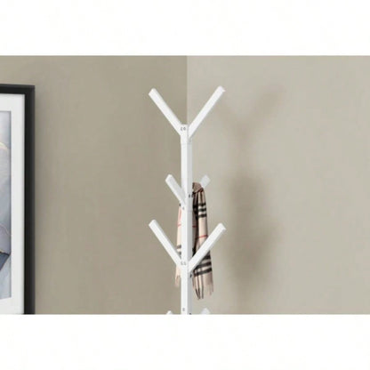 Coat Rack, Hall Tree, Standing, 8 Hooks, Entryway, 70h, Bedroom, White Metal, Contemporary, Modern