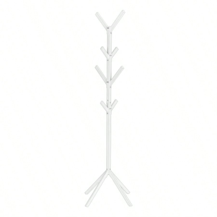 Coat Rack, Hall Tree, Standing, 8 Hooks, Entryway, 70h, Bedroom, White Metal, Contemporary, Modern