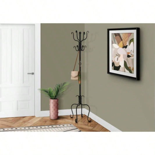 Coat Rack, Hall Tree, Standing, 8 Hooks, Entryway, 74h, Bedroom, Black Metal, Transitional