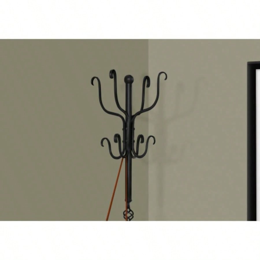 Coat Rack, Hall Tree, Standing, 8 Hooks, Entryway, 74h, Bedroom, Black Metal, Transitional