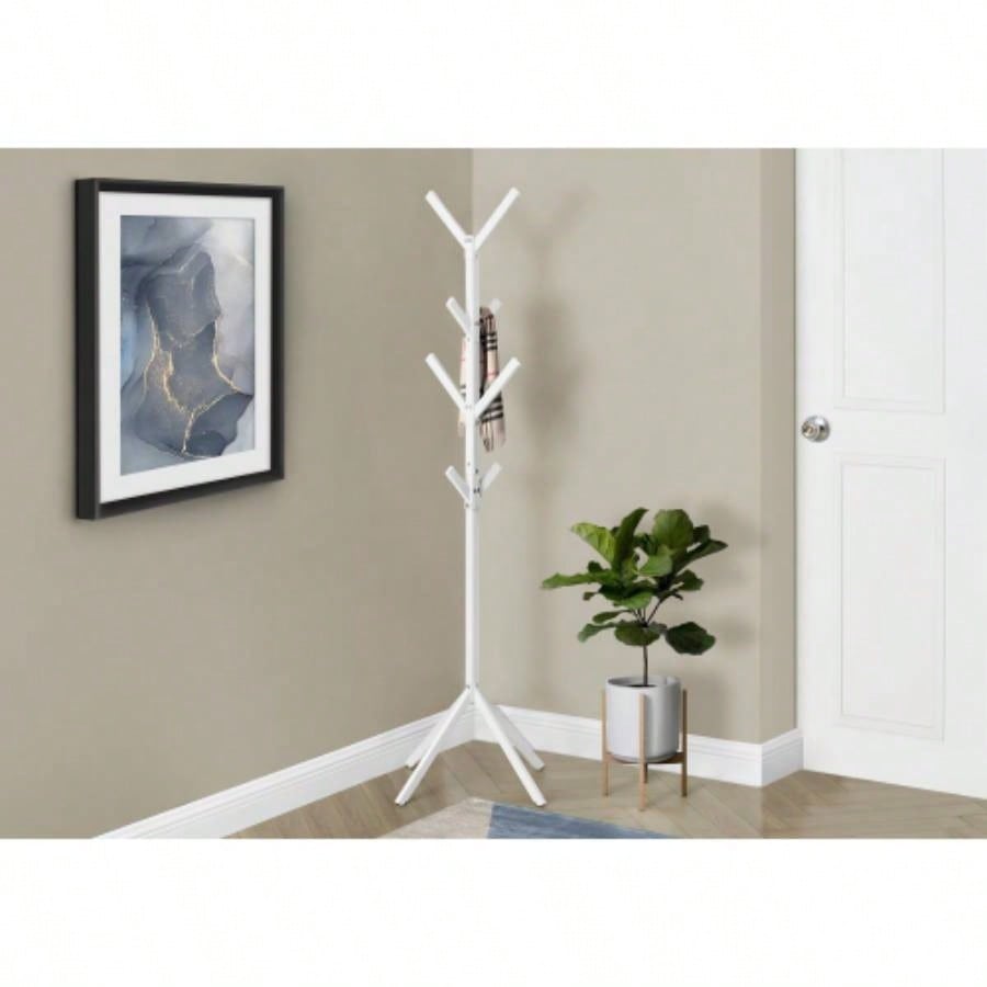 Coat Rack, Hall Tree, Standing, 8 Hooks, Entryway, 70h, Bedroom, White Metal, Contemporary, Modern