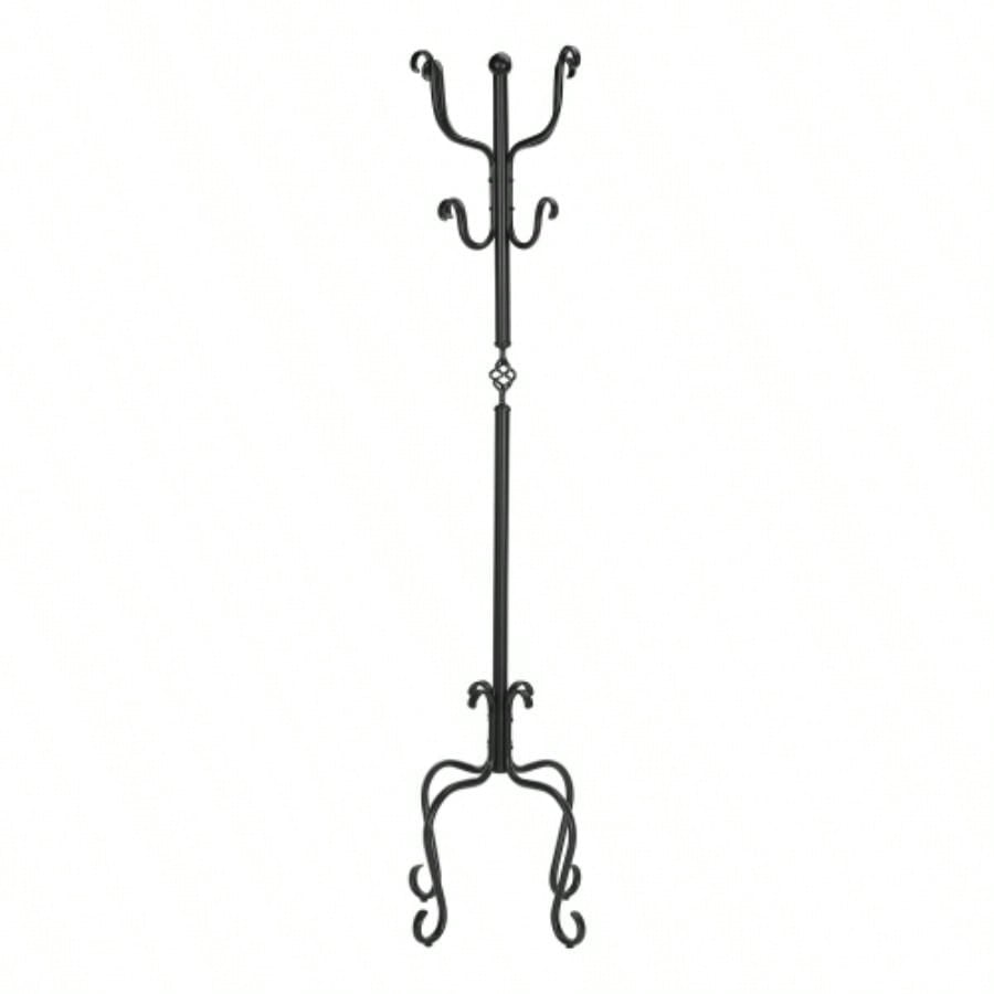 Coat Rack, Hall Tree, Standing, 8 Hooks, Entryway, 74h, Bedroom, Black Metal, Transitional