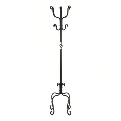 Coat Rack, Hall Tree, Standing, 8 Hooks, Entryway, 74h, Bedroom, Black Metal, Transitional