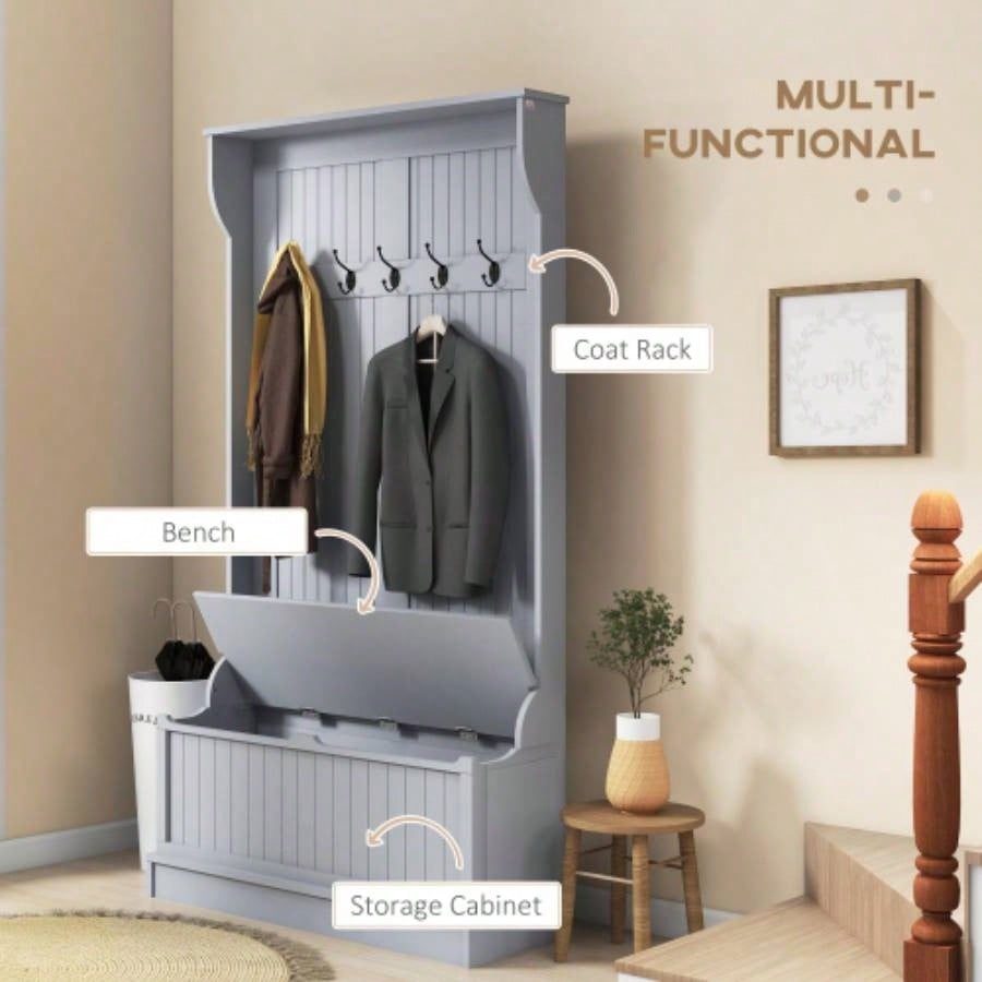 HOMCOM 38 3 - In - 1 Entryway Hall Tree with Storage, Coat Rack with Four Hooks and Shoe Storage, Gray