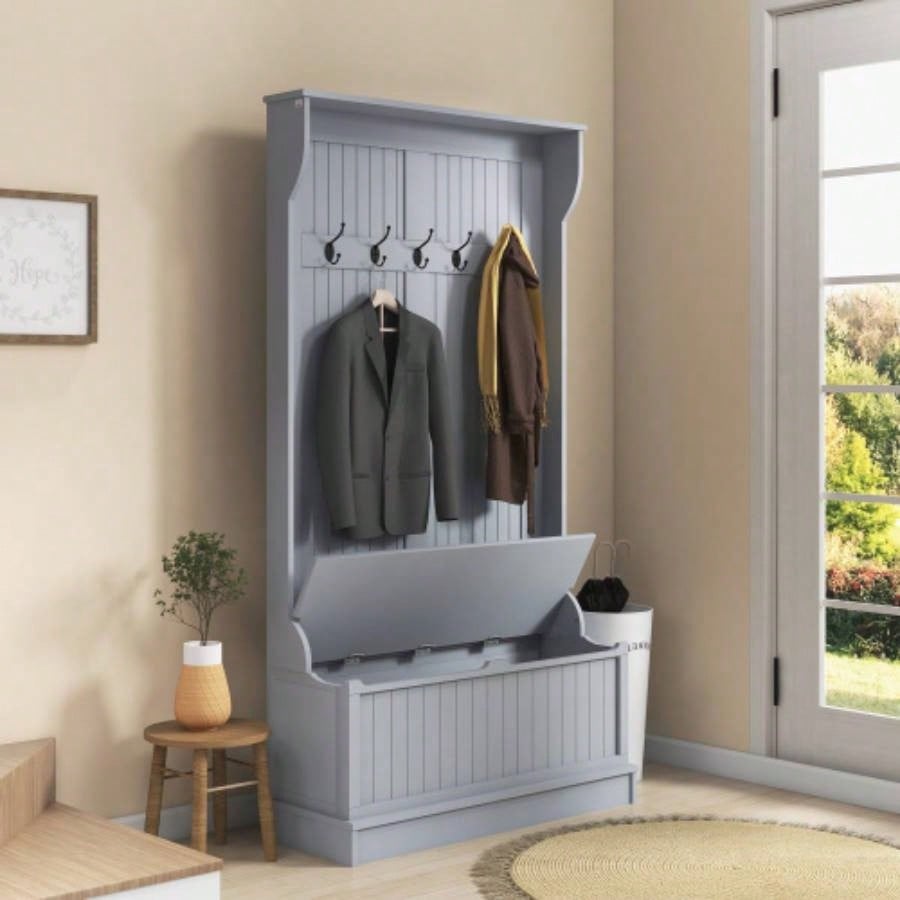HOMCOM 38 3 - In - 1 Entryway Hall Tree with Storage, Coat Rack with Four Hooks and Shoe Storage, Gray