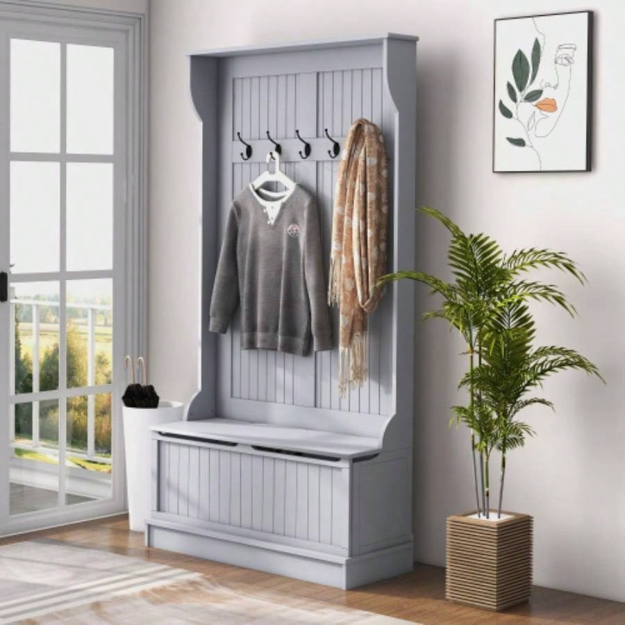 HOMCOM 38 3 - In - 1 Entryway Hall Tree with Storage, Coat Rack with Four Hooks and Shoe Storage, Gray