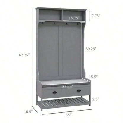 HOMCOM 3 - in - 1 Hall Tree, Entryway with Coat Rack, Mudroom with Shoe Rack, 2 Storage Drawers, 4 Hooks and Padded Cushions Hallway, Gray