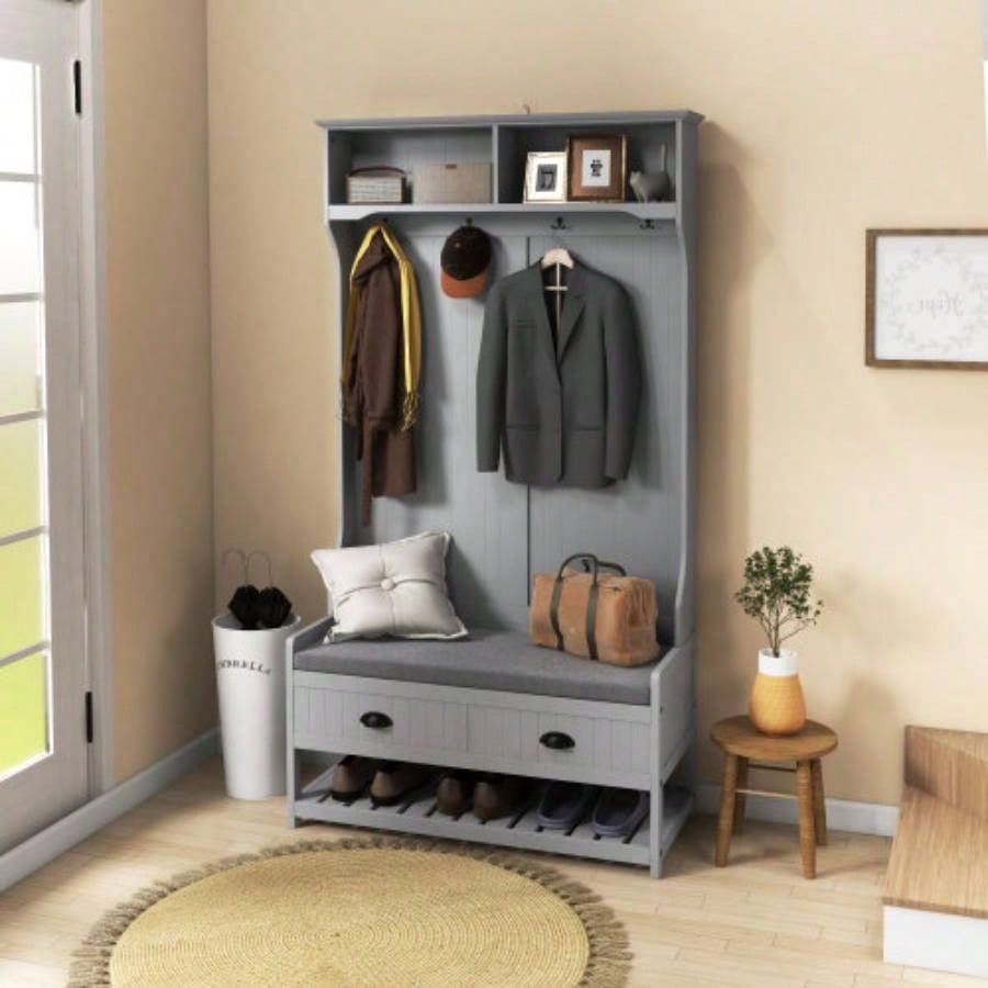HOMCOM 3 - in - 1 Hall Tree, Entryway with Coat Rack, Mudroom with Shoe Rack, 2 Storage Drawers, 4 Hooks and Padded Cushions Hallway, Gray
