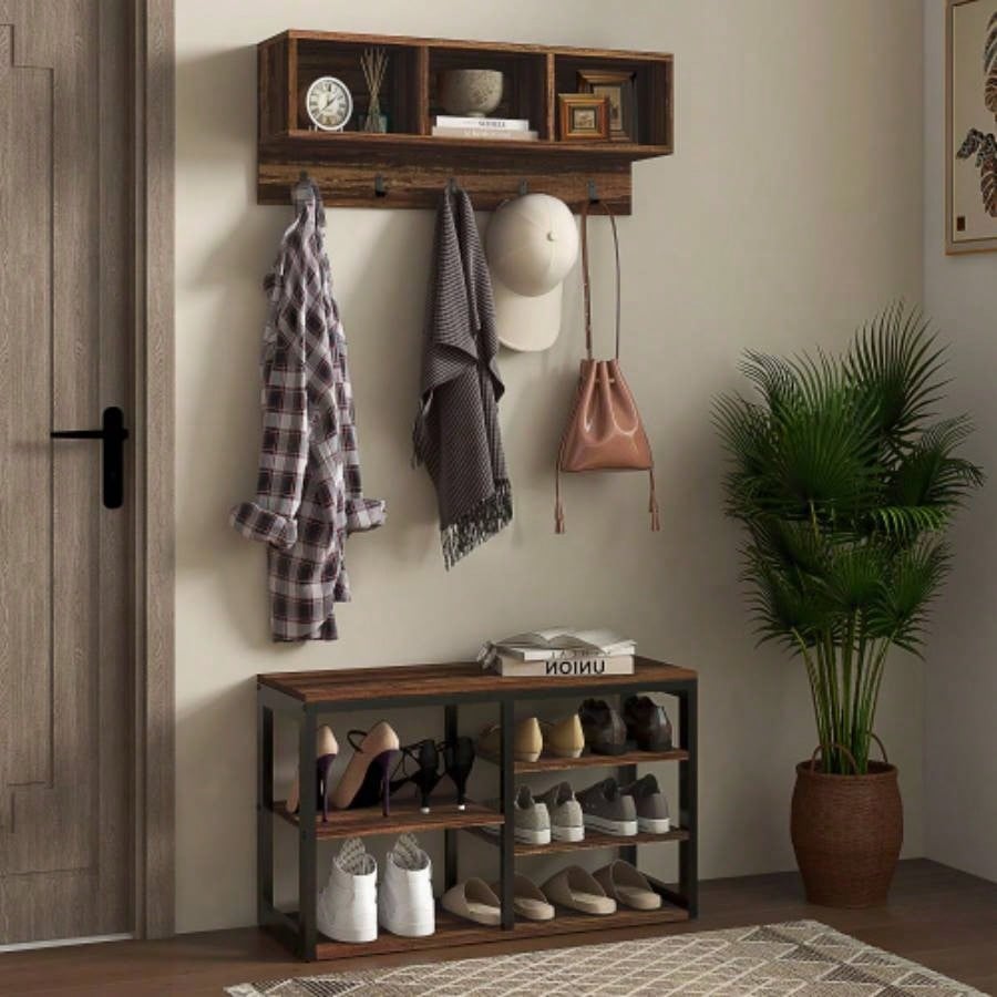 HOMCOM 2 - in - 1 Coat Rack Shoe Set, 5 - Hook Hall Tree with and Shoe Storage 10 Pairs of Shoes Entryway, Hallway, Brown