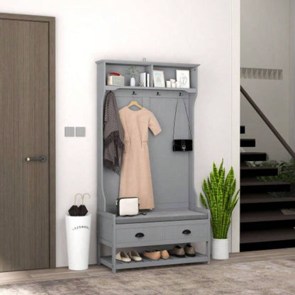 HOMCOM 3 - in - 1 Hall Tree, Entryway with Coat Rack, Mudroom with Shoe Rack, 2 Storage Drawers, 4 Hooks and Padded Cushions Hallway, Gray
