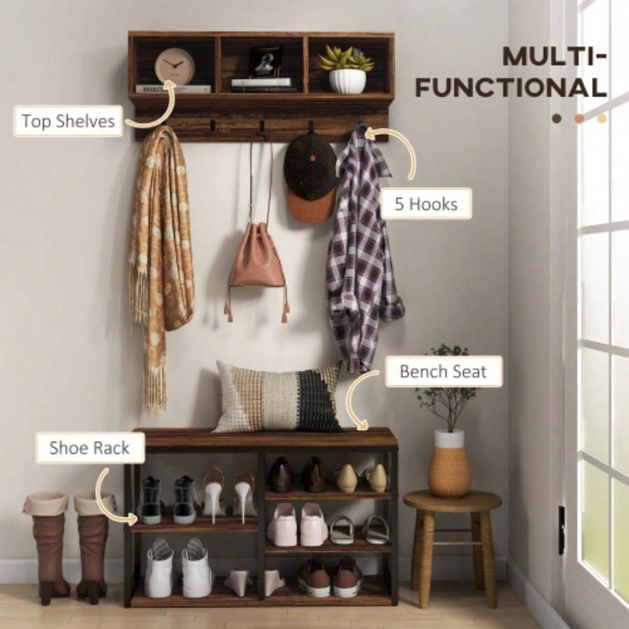 HOMCOM 2 - in - 1 Coat Rack Shoe Set, 5 - Hook Hall Tree with and Shoe Storage 10 Pairs of Shoes Entryway, Hallway, Brown