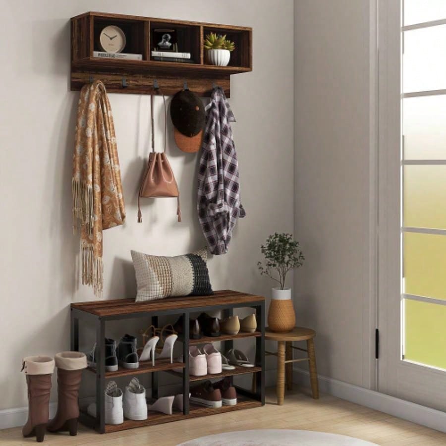 HOMCOM 2 - in - 1 Coat Rack Shoe Set, 5 - Hook Hall Tree with and Shoe Storage 10 Pairs of Shoes Entryway, Hallway, Brown