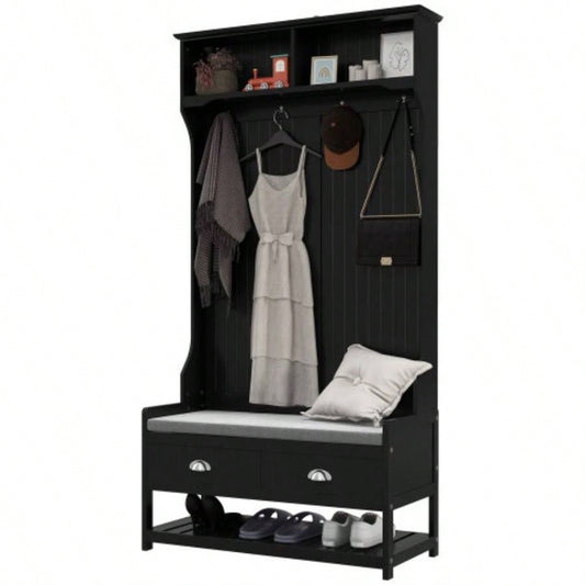 HOMCOM 3 - in - 1 Hall Tree, Entryway with Coat Rack, Mudroom with Shoe Rack, 2 Storage Drawers, 4 Hooks and Padded Cushions Hallway, Black