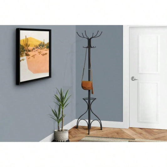 Coat Rack, Hall Tree, Standing, 12 Hooks, Entryway, 70h, Holder, Bedroom, Black Metal, Transitional