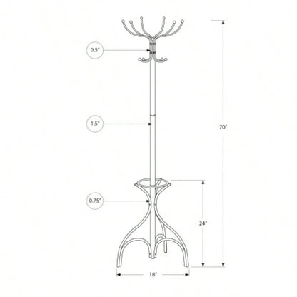 Coat Rack, Hall Tree, Standing, 12 Hooks, Entryway, 70h, Holder, Bedroom, White Metal, Contemporary, Modern